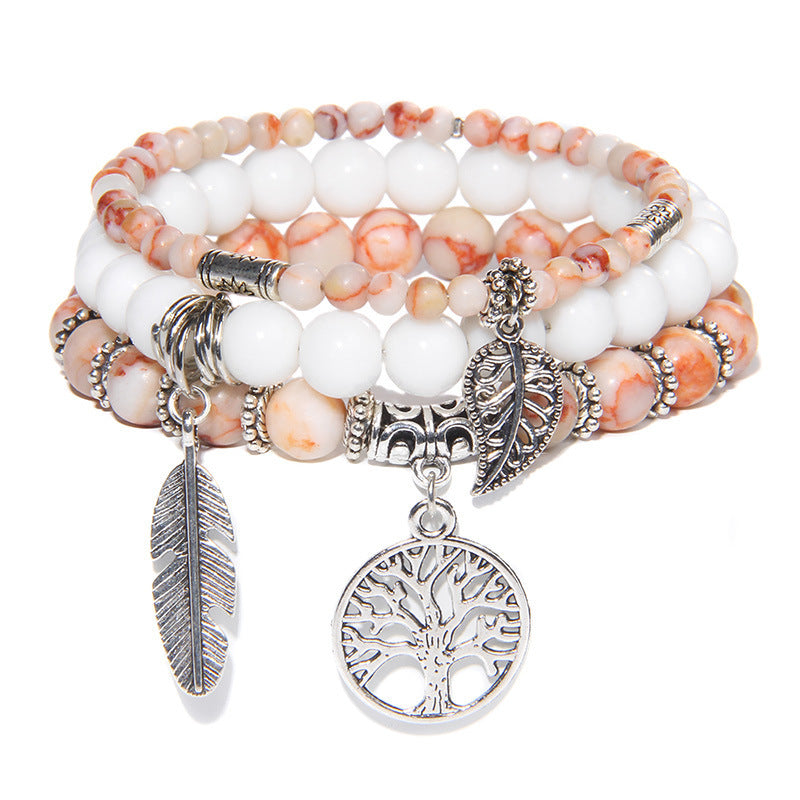 Unisex Agate Beads Bracelet Set With Tree Of Life Pendant