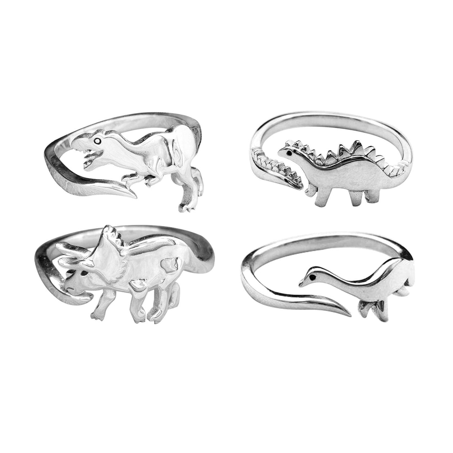 Four Dinosaur Rings Set Ancient Silver Animal Zodiac Adjustable Alloy Unisex Rings For Everyday Wear Now Bests