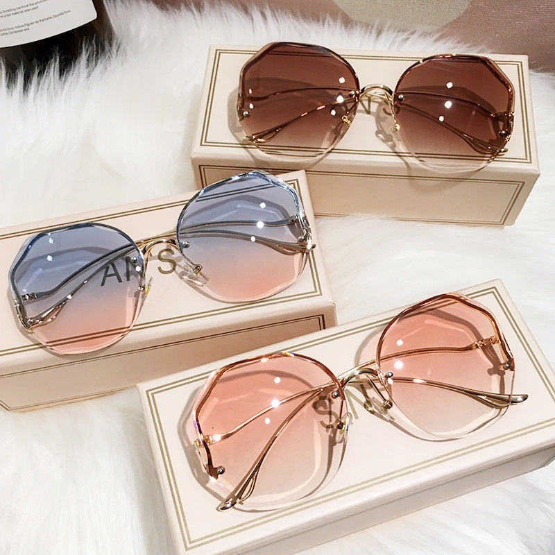 Women Frameless Polygon Sunglasses Resin Lens Metal Frame Cut Edge Ocean Gradient Tea Shade Stylish Eyewear Stylish