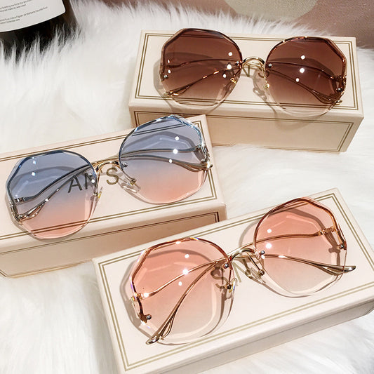 Women Frameless Polygon Sunglasses Resin Lens Metal Frame Cut Edge Ocean Gradient Tea Shade Stylish Eyewear Stylish