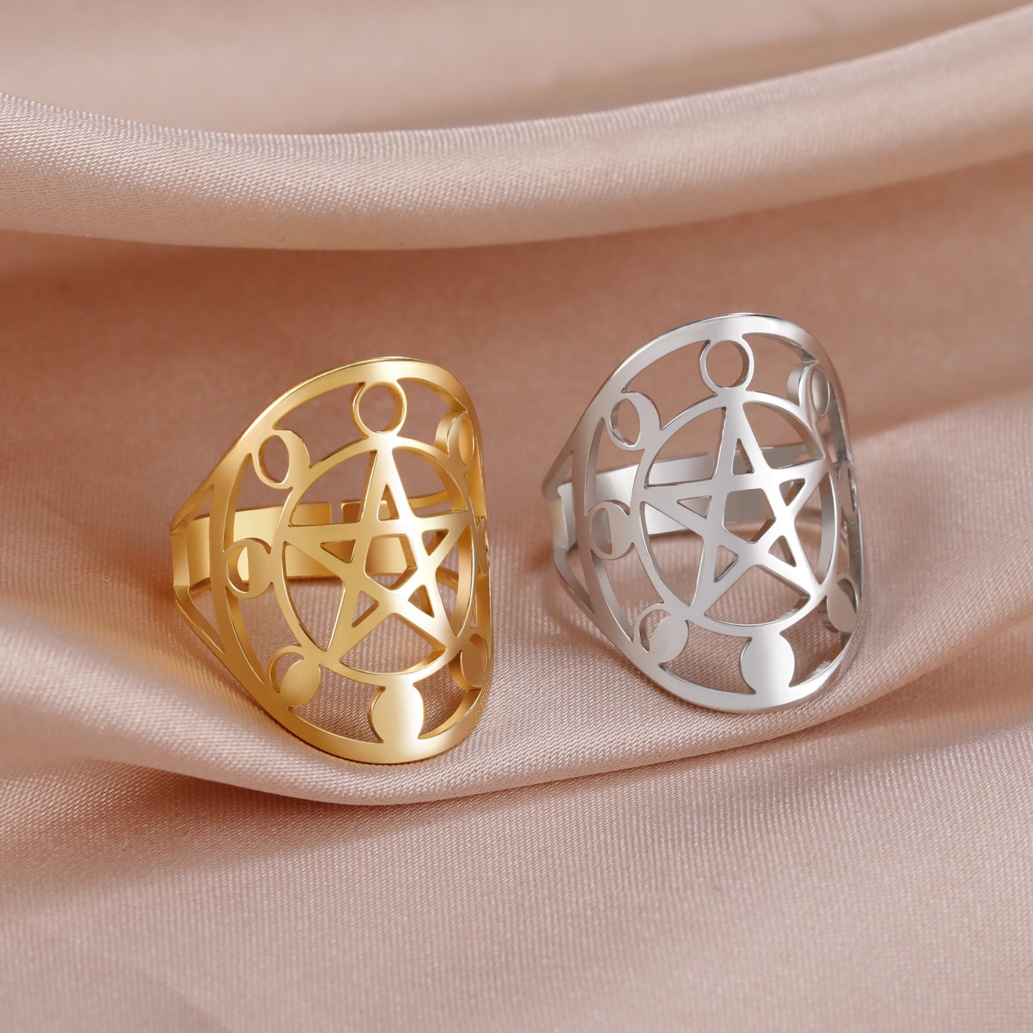 Unisex Stainless Steel Ring With Hollow Moon Phase And Five Star Design Electroplated Finish Band For Men Style