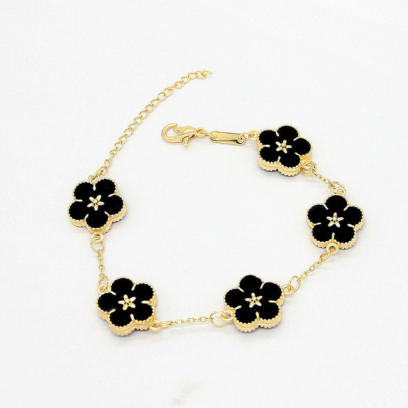 Womens Floral Double Sided Plum Blossom Alloy Bracelet Electroplated Flower With Extender Chain Crystal Detail