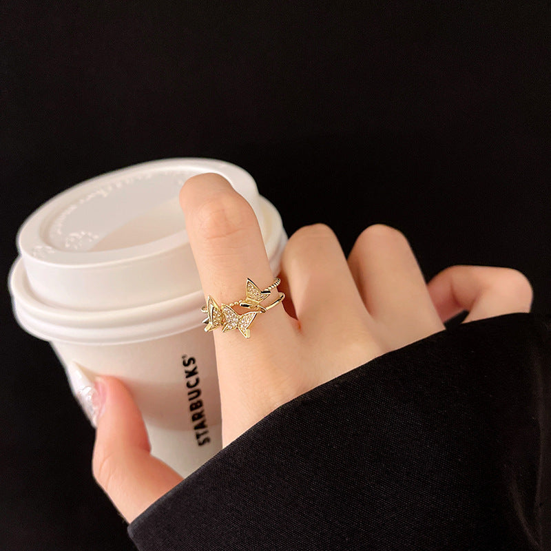 Womens Copper Bowknot Zircon Inlaid Ring Butterfly Design Double Insulated Fashion Jewelry Gift For Her Zircon