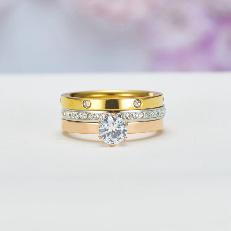 Womens Titanium Steel Three Piece Ring Set Six Claw Simulated Diamond Rose Gold Tone Durable Fashion Jewelry Gift