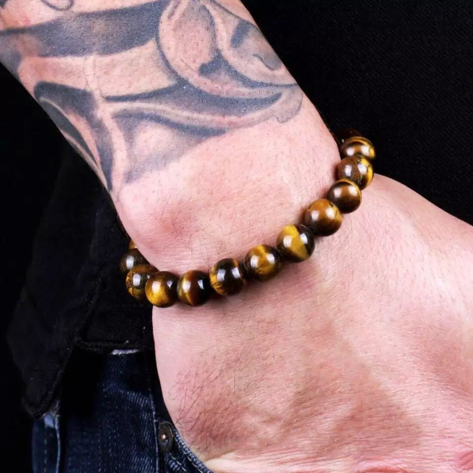 Mens Crystal Bracelet Adjustable Pine Wood Beads With Volcanic Rock Tiger Eye And Black Agate Accents For Him Gift