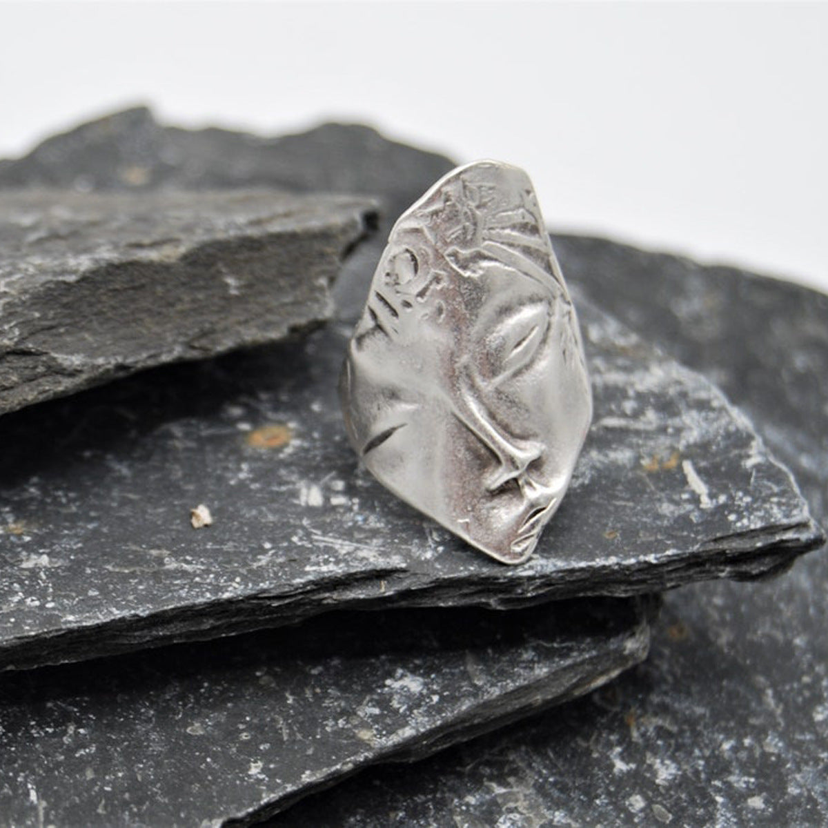 Women Open Ring Adjustable Silver Ring Abstract Face Ring Vintage Alloy Ring Fashion Jewelry European American