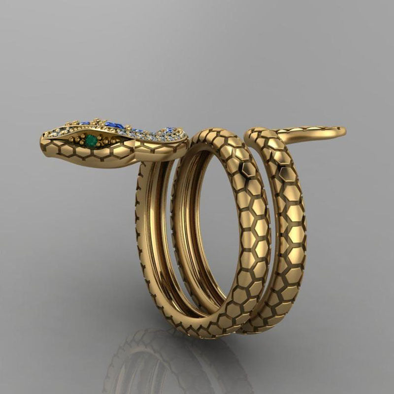 Unisex Snake Ring Inlaid Royal Blue Zircon Gold Plated Copper Animal Fashion Jewelry Durable Statement For Women Men