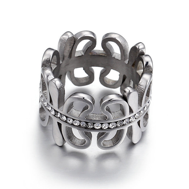 Unisex Titanium Steel Electroplated Geometric Ring Wide Face Hollow Band Jewelry For Everyday Wear Gifts Ready