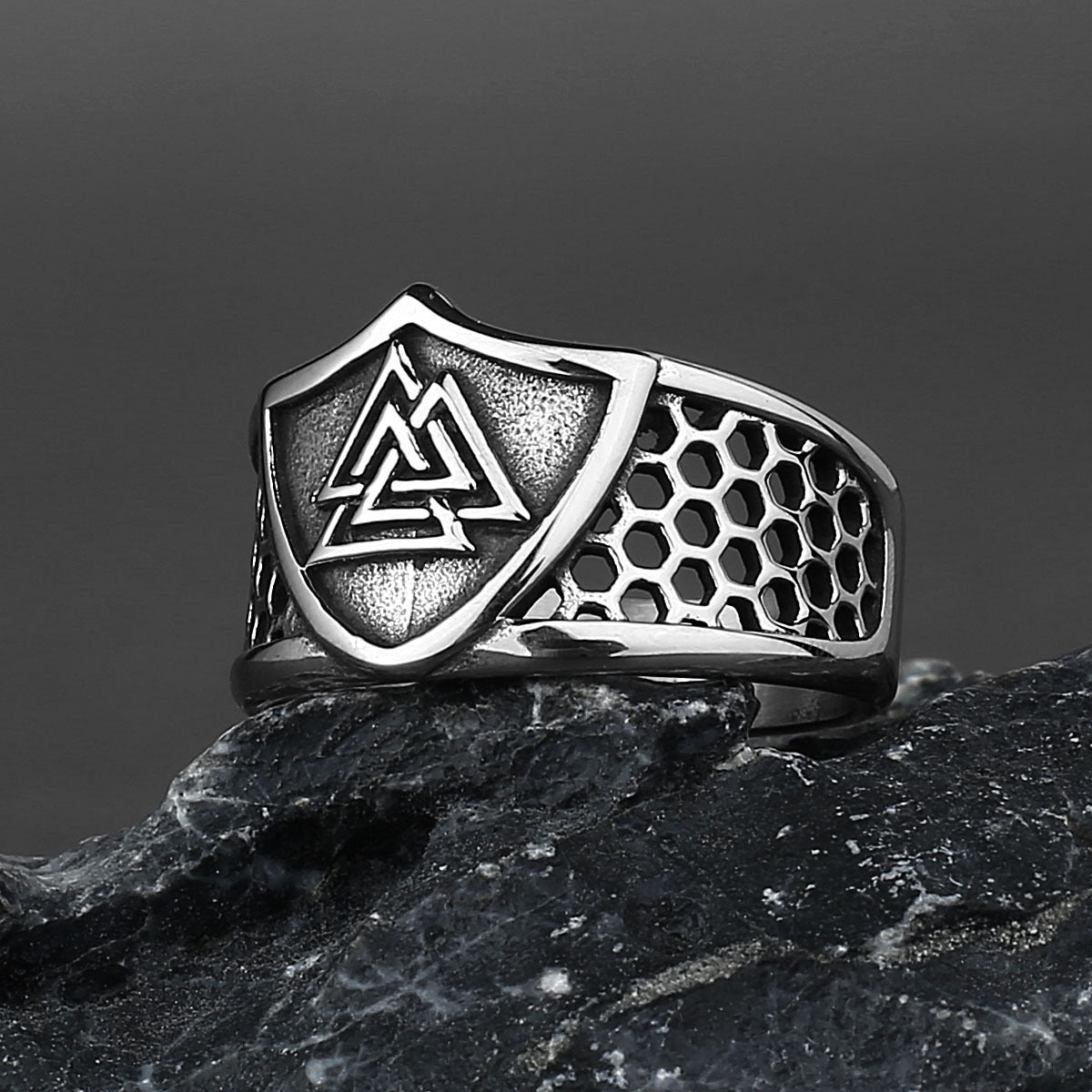 Men Shield Rune Ring Titanium Steel Hollow Band Vintage Norse Inspired Jewelry For Everyday Wear Durable Gift Idea