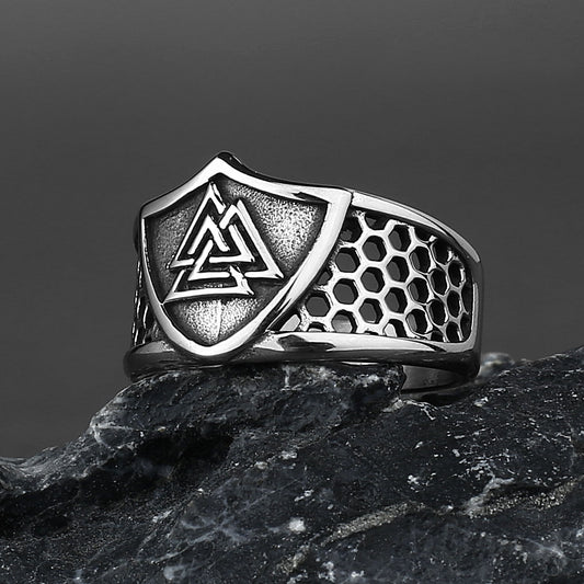 Men Shield Rune Ring Titanium Steel Hollow Band Vintage Norse Inspired Jewelry For Everyday Wear Durable Gift Idea