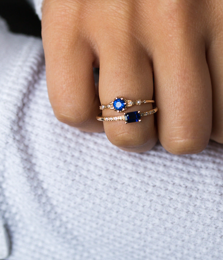 Womens Octagonal Sapphire Ring 18K Gold Plated Copper Geometric Design Jewelry Birthday Gift Elegant Accessory