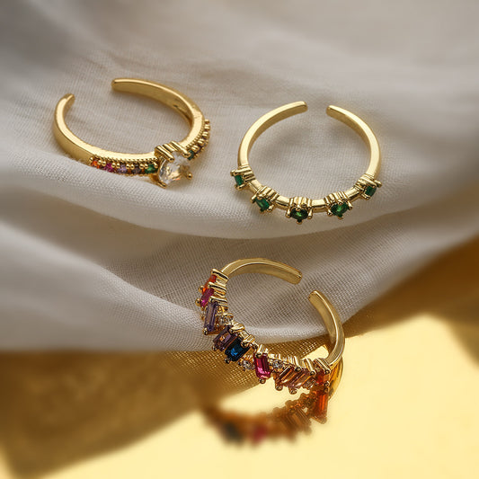 Womens Adjustable Copper Ring 18K Gold Plated Zircon Irregular Geometric Shape Size Adjustable Opening Ring Ring