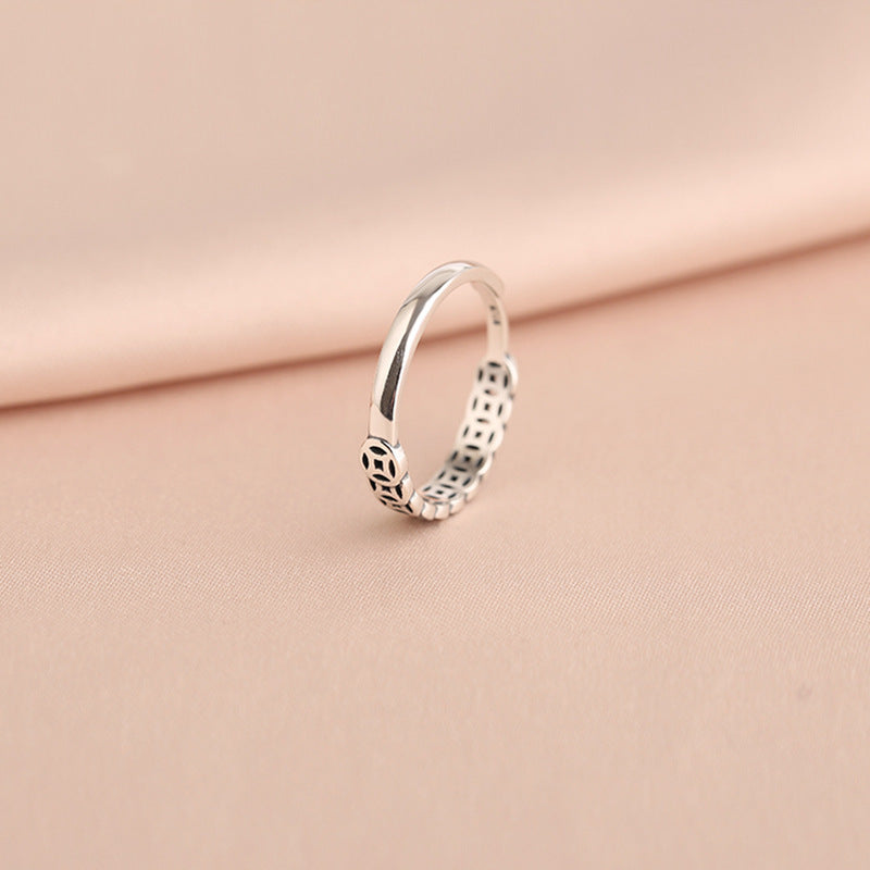 Sterling Silver Lucky Coin Ring Adjustable Opening Zircon Inlay Jewelry For Women Fashion Gift For Her Elegant