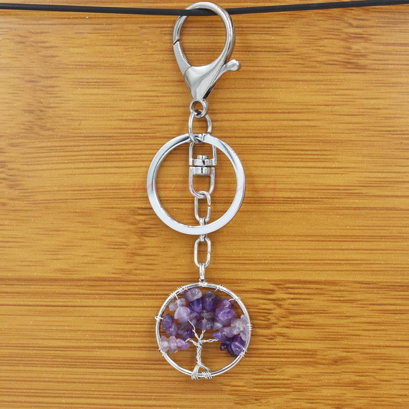 Crystal Tree of Life Amethyst Keychain Pendant Electroplated Round Charm for Handbags and Backpacks Decoration