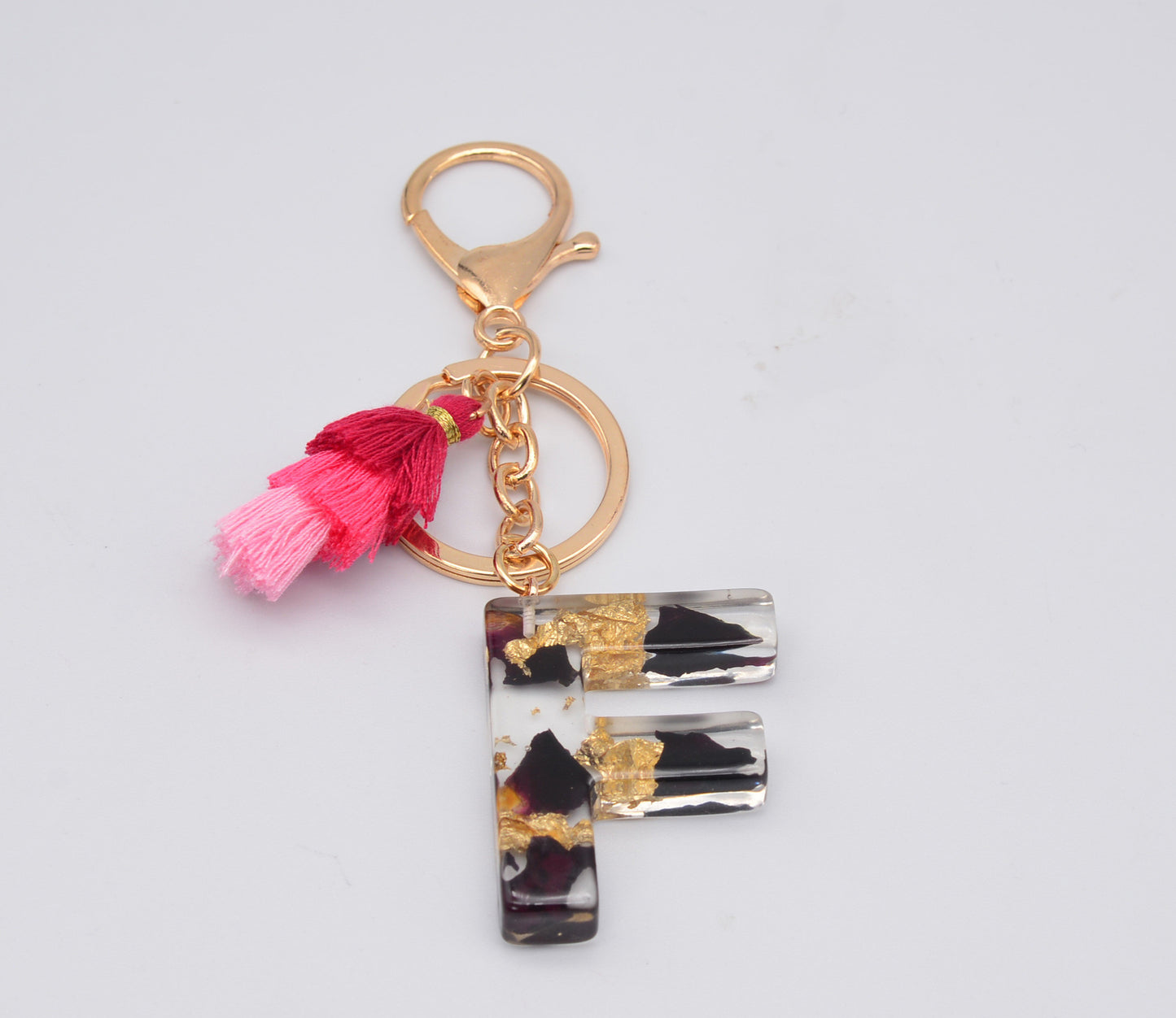 Resin Floral Keychain With Tassel Pendant Black Rose Design Durable Craftsmanship Initial Letter Bag Accessory