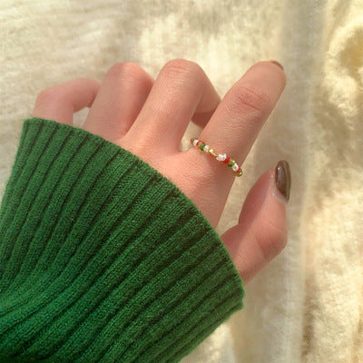 Beaded Ring Set Rice Bead Flower Jewelry Cherry Pearl Flower Design For Women And Girls Fashion Ring Accessory