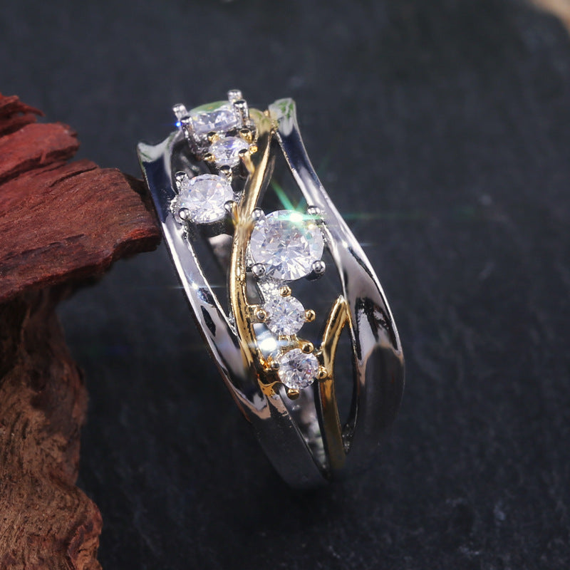 Two Tone Copper Ring Geometric Inlaid Zircon Rings European American Fashion Jewelry Gift For Her Copper Style