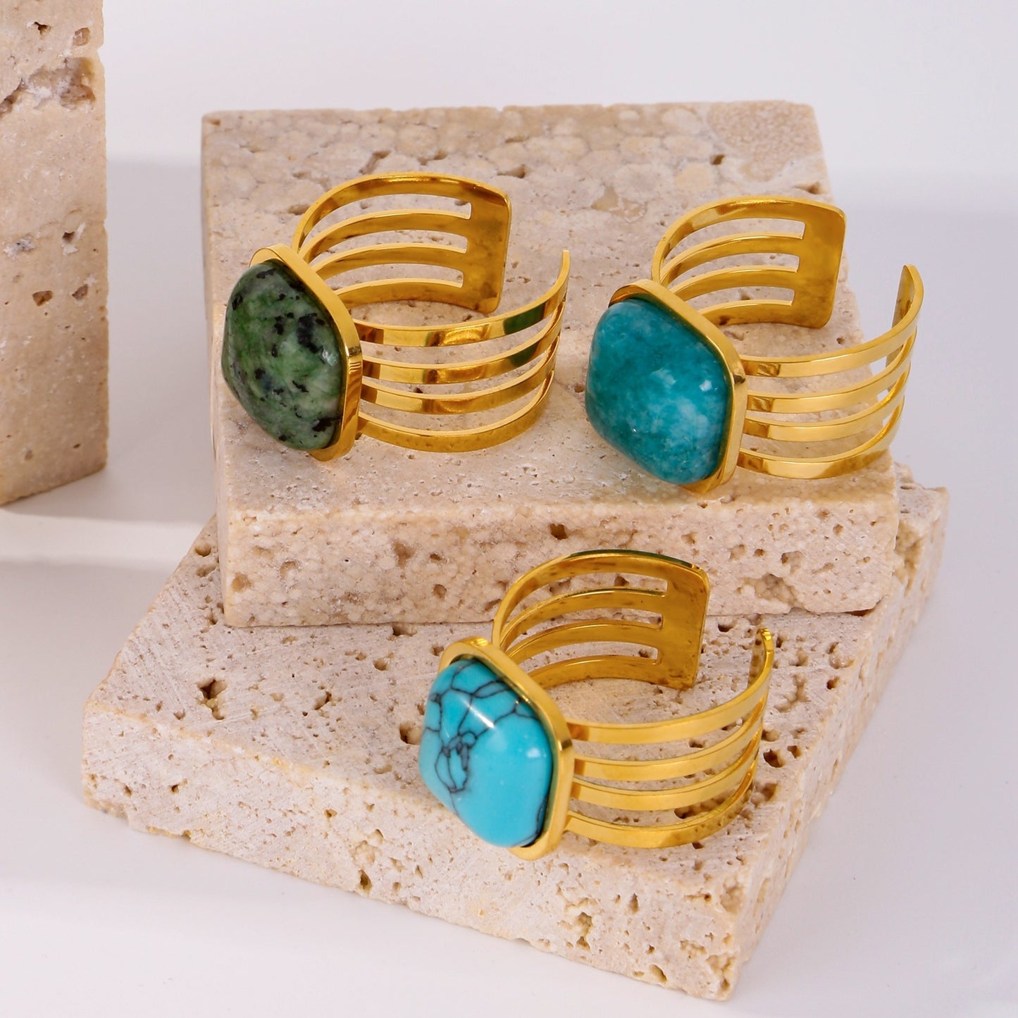 Inlaid Natural Stone Ring For Women Stainless Steel