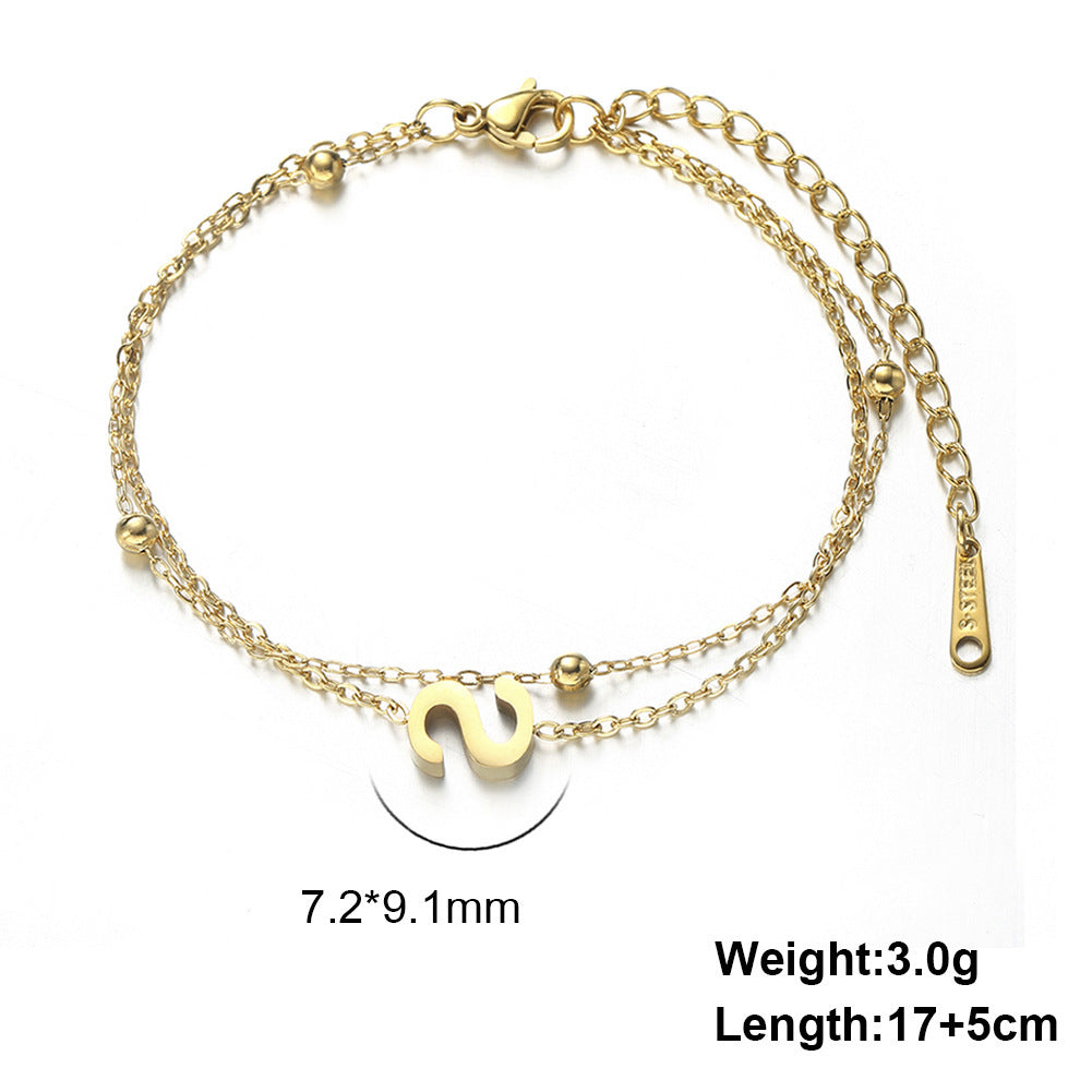 Womens Stainless Steel Double Layer Chain Bracelet With Initial Pendant Electroplated Finish Jewelry Gift Gold