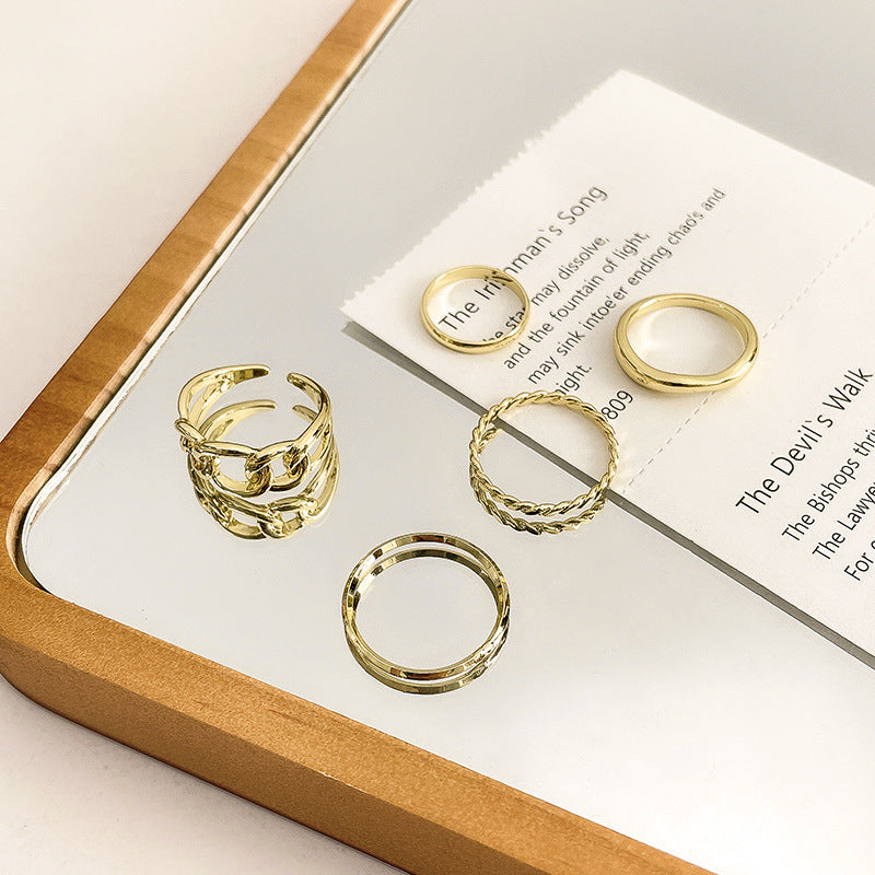 Womens Five Piece Ring Set Hollow Chain Geometric Copper Rings Korean Fashion Jewelry Stackable Statement Ring