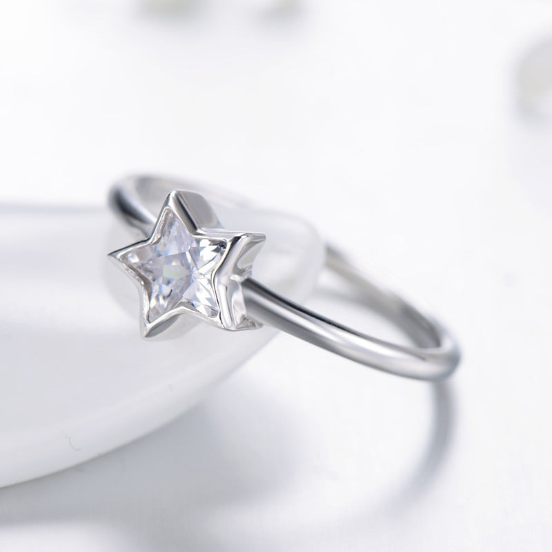 Womens Sterling Silver Ring With Star Design And Zircon Inlay Engagement Ring Jewelry Gift For Her Five Point Star