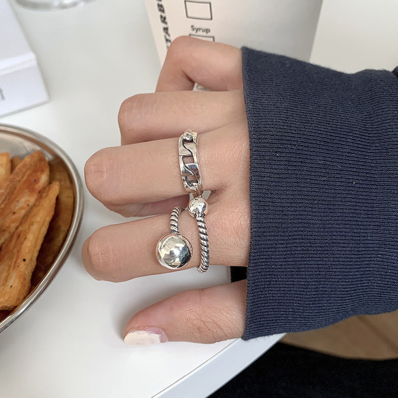 Womens Copper Chain Ball Index Finger Ring Vintage Adjustable Opening Geometric Hollow Design Jewelry Gift
