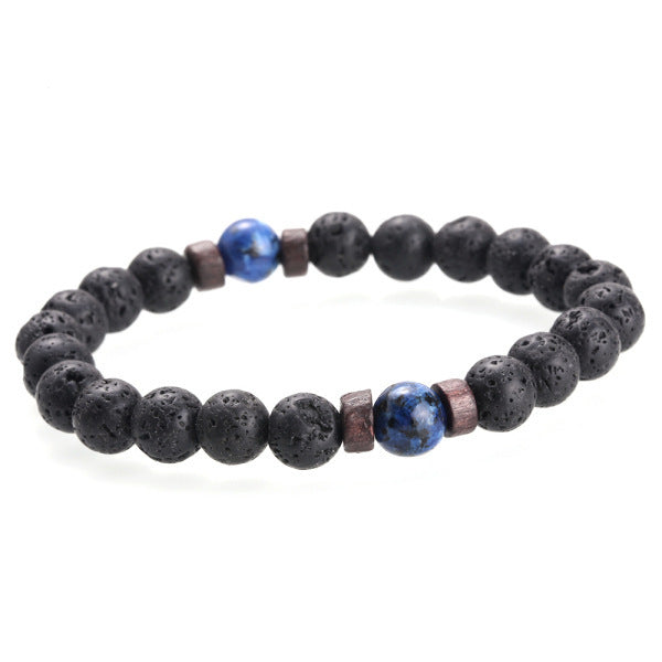 Unisex Volcanic Stone Beaded Bracelet With Alloy Inlay Gemstone Accent Fashion Jewelry Gift For Men MatteBlack