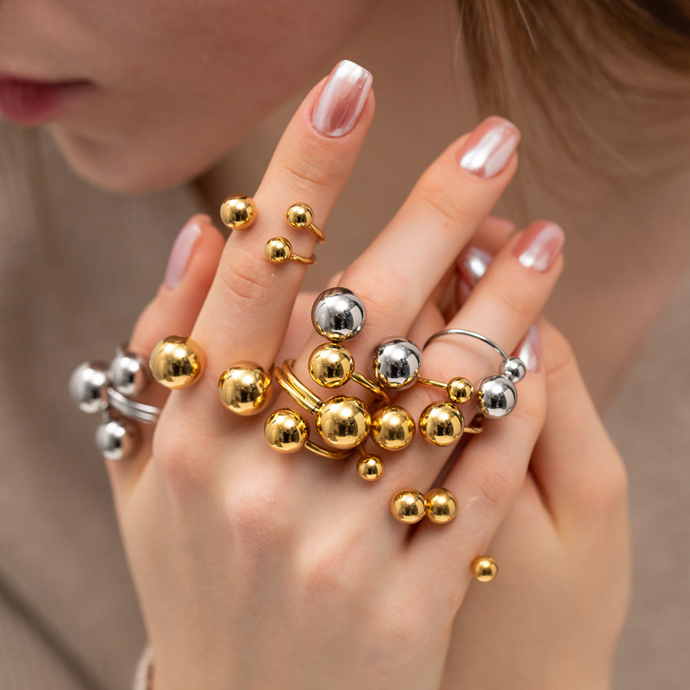 Women Spherical Ball Ring Stainless Steel Gold Tone Jewelry