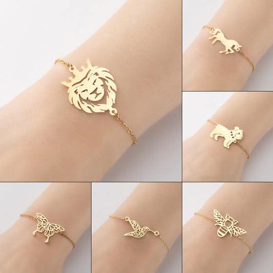 Womens Titanium Steel Bracelet With Animal Design Bird Butterfly Crown Lion Simple Bangle Jewelry Gift for Her