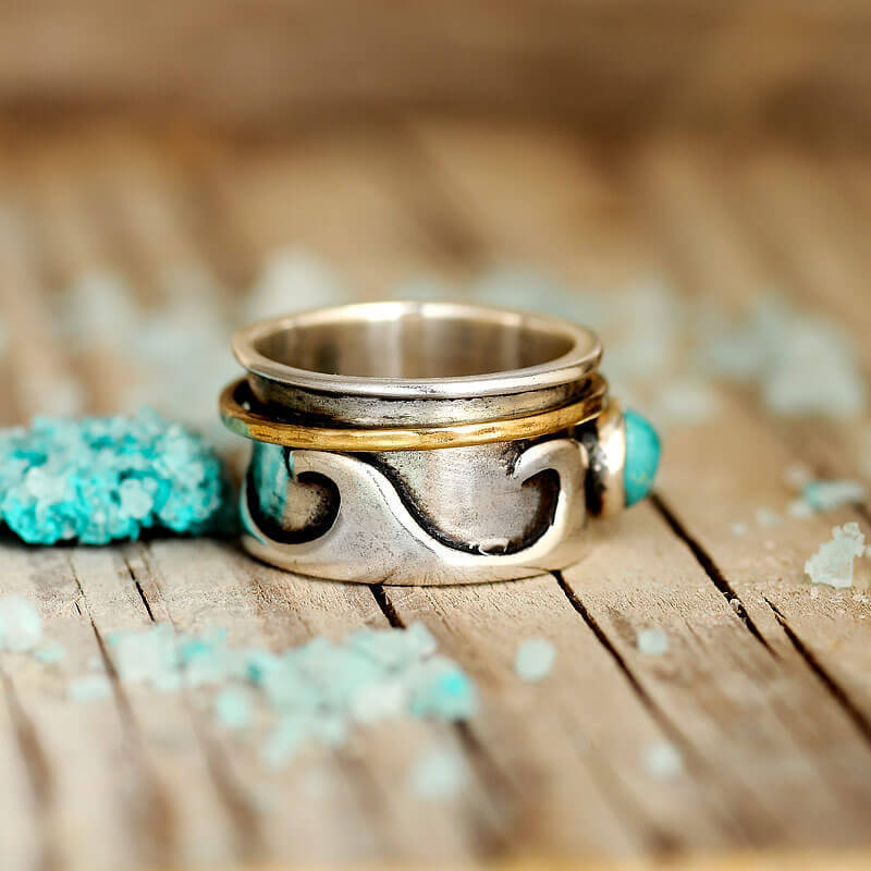 Geometric Ring With Turquoise Inlay Vintage Two Tone Rotatable Alloy Ring Retro Fashion Jewelry Ideal Gift Any Occasion