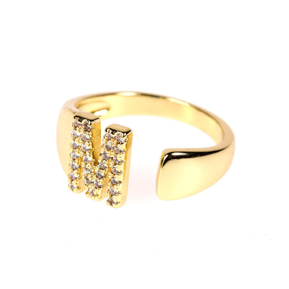Women Initial Letter Ring Adjustable Gold Plated Diamond Accent Personalized Alphabetical Jewelry Gift For Her