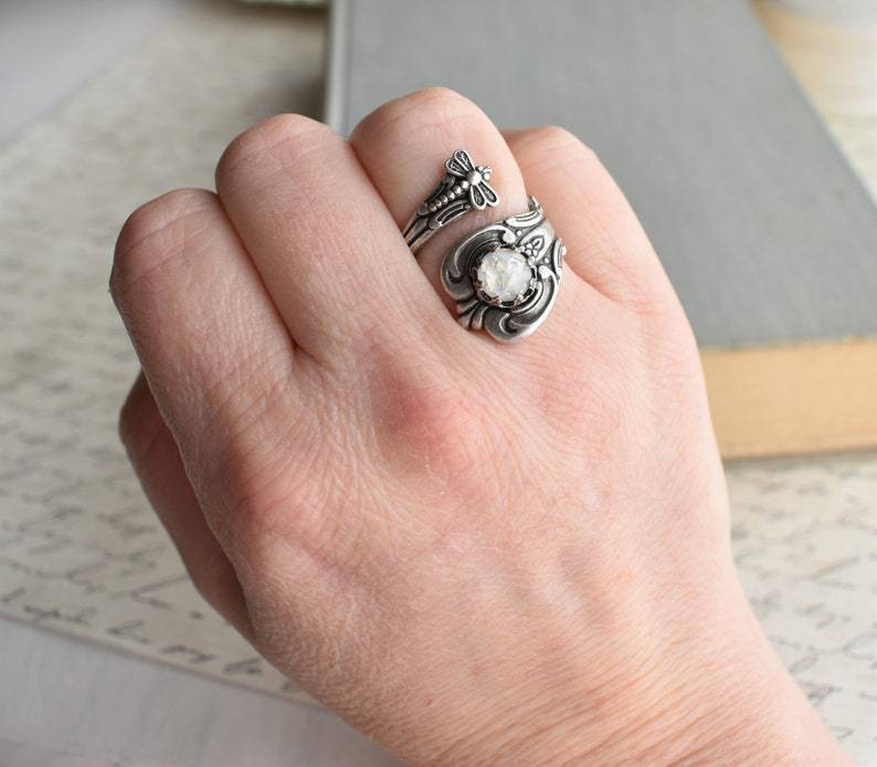 Dragonfly Ring Adjustable Alloy Ring With White Gem Inlay Electroplated Silver Finish Unisex Style Jewelry New