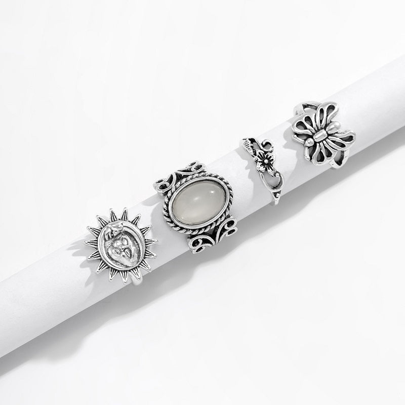Retro Ethnic Sun Relief Butterfly Ring Set 4 Piece For Women Antique Silver Finish Jewelry For Daily Wear Plus