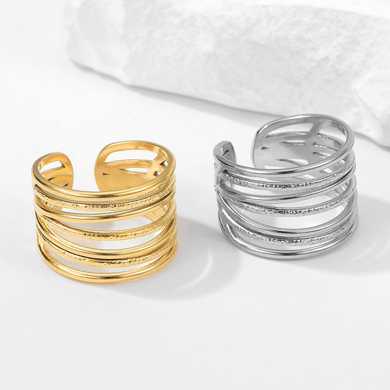 Unisex Stainless Steel Ring Adjustable Open Ring Geometric Design With Line Accents Electroplated Finish Steel