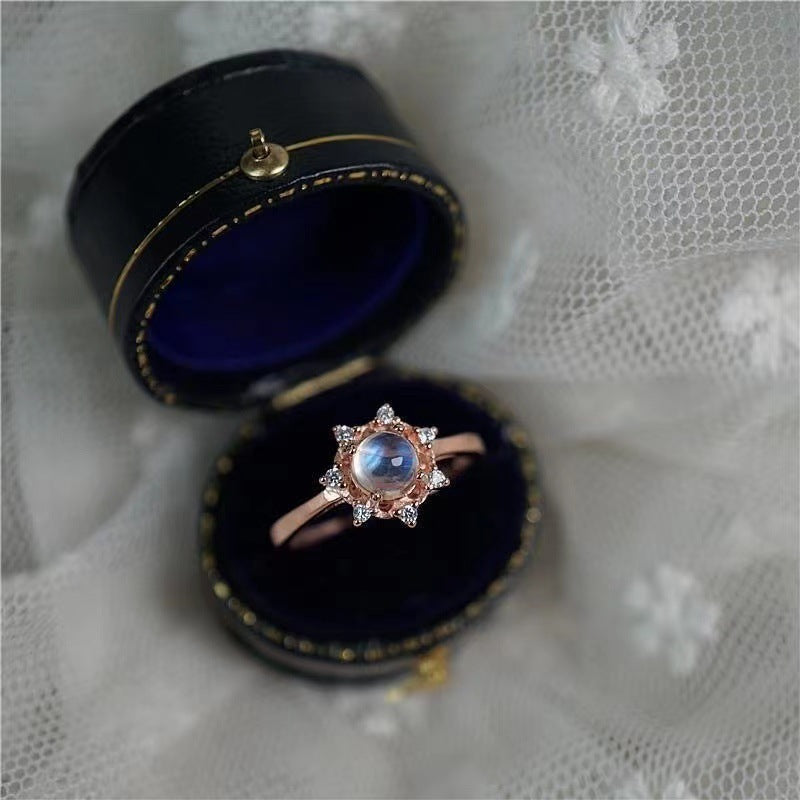 Womens Electroplated Copper Ring Moonstone Snowflake Design Sterling Silver Plated Fashion Ring Jewelry For Everyday Wear