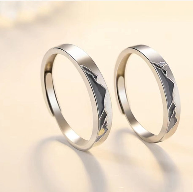 Couple Ring Set Mountain Shaped Matching Bands For Him And Her Sunrise Moon Antithetical Drop Design For Pairs