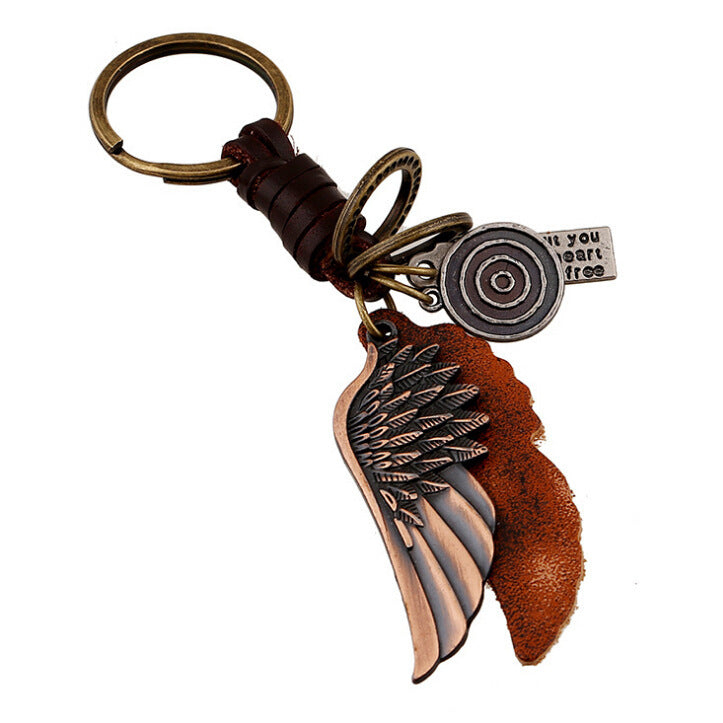 Unisex Cowhide Leather Keychain Retro Rock Angel Wings Alloy Key Ring Accessory for Keys Bags Vintage Style Accessory