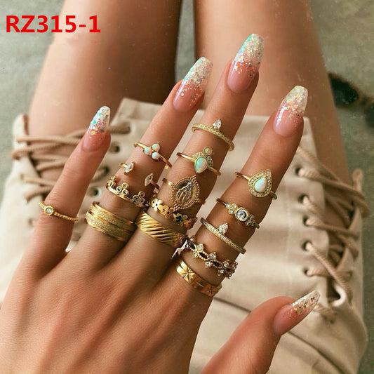 Womens Bohemian Ring Set Geometric Inlaid Gemstones Alloy Electroplated European Style Rings Jewelry Set Gifts