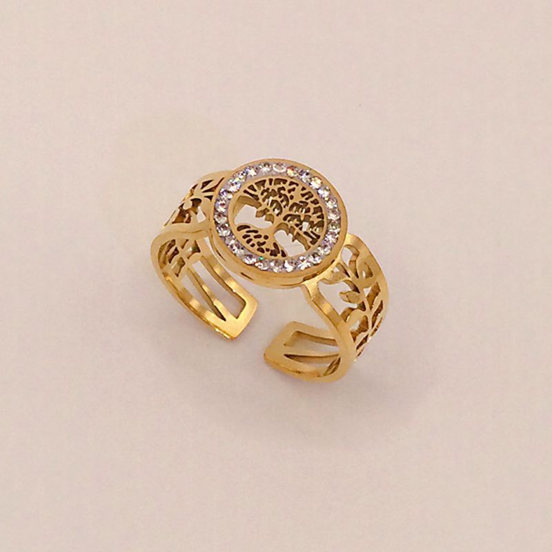 Gold Titanium Steel Lucky Tree Diamond Studded Hollow Ring Adjustable Opening Leaves Design Elegant Timeless Jewelry