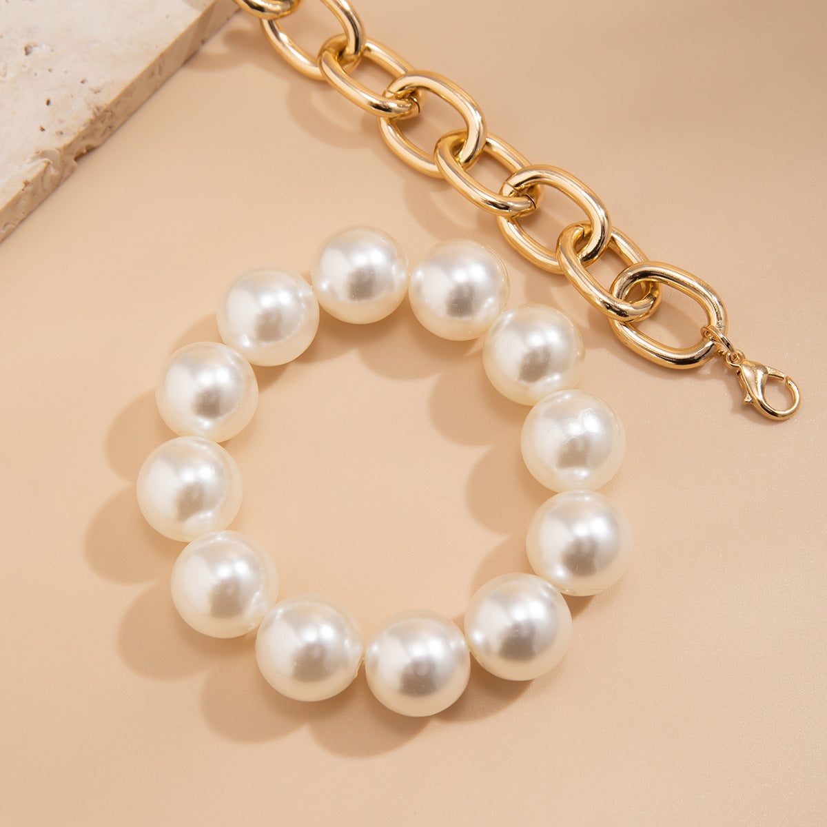 Womens Imitation Pearl Bead Bracelet Set Gold Plated Geometric Chain And Sphere Design Fashion Jewelry Gift Box Ready