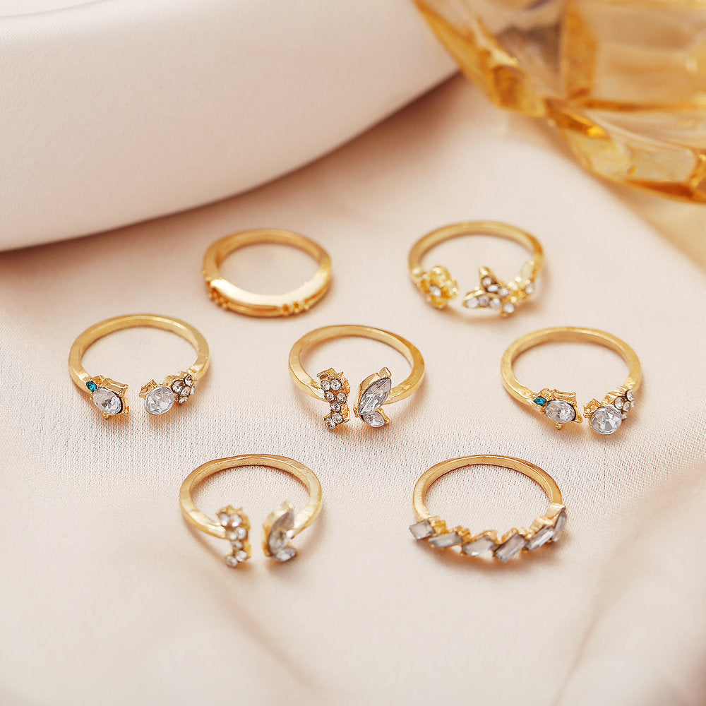Vintage Crystal Rings Set 7 Piece Butterfly Floral Alloy Jewelry For Women European Retro Style For Daily Wear