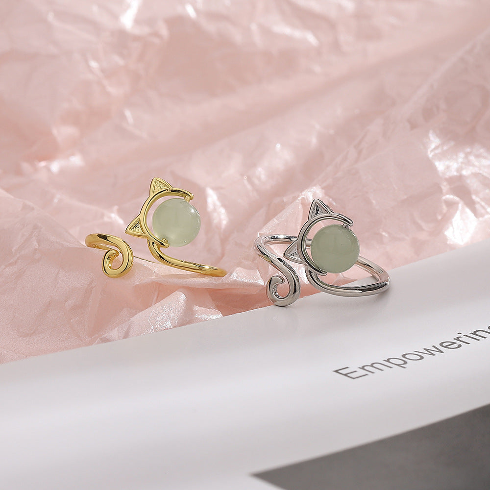 Adjustable Opening Copper Cat Ear Ring With Artificial Jade Accent Electroplated For Women Fashion Jewelry Collection