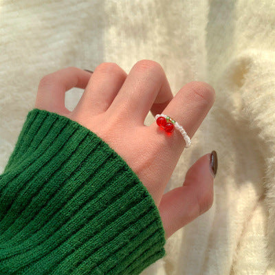 Beaded Ring Set Rice Bead Flower Jewelry Cherry Pearl Flower Design For Women And Girls Fashion Ring Accessory