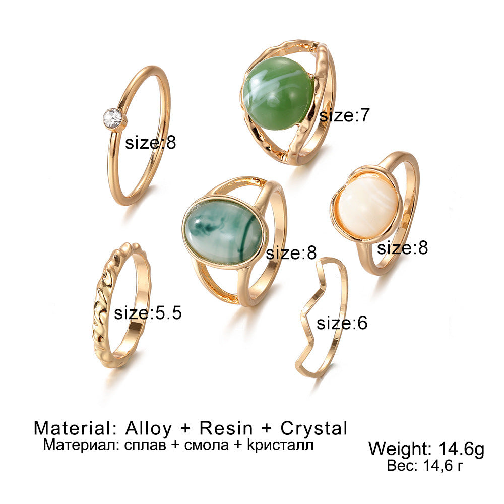 Unisex Knuckle Rings 6 Piece Geometric Alloy Set With Artificial Beryl Inlay Retro Metal Fashion For Daily Wear