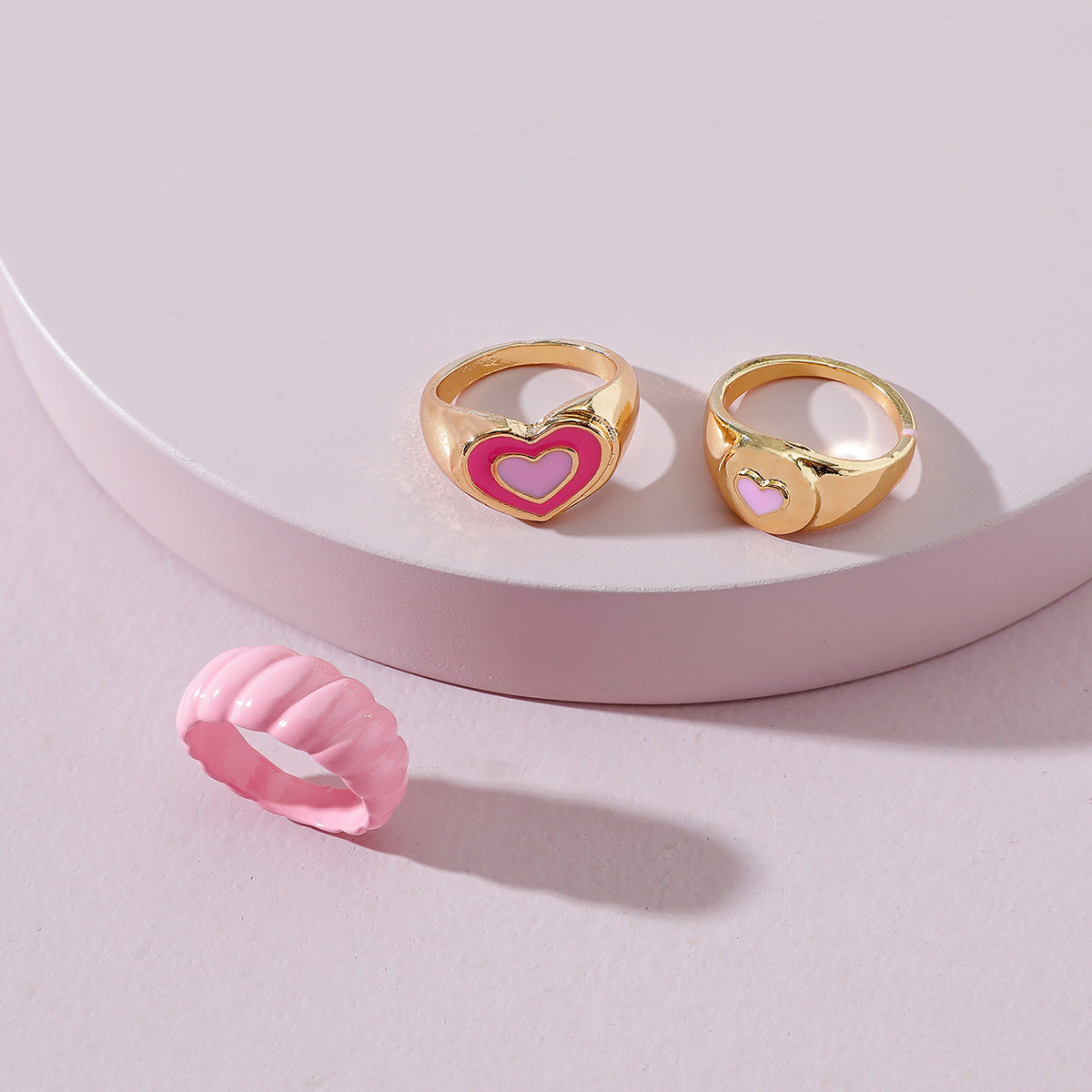 Peach Heart Ring Set Geometric Agate Inlaid Alloy Jewelry