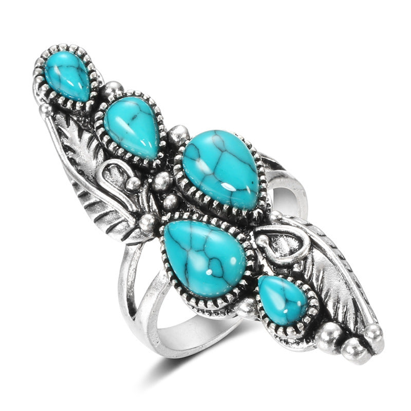 Alloy Ring Retro Geometric Design With Water Drop Blue Turquoise Accent For Her Fashion Jewelry Everyday Style