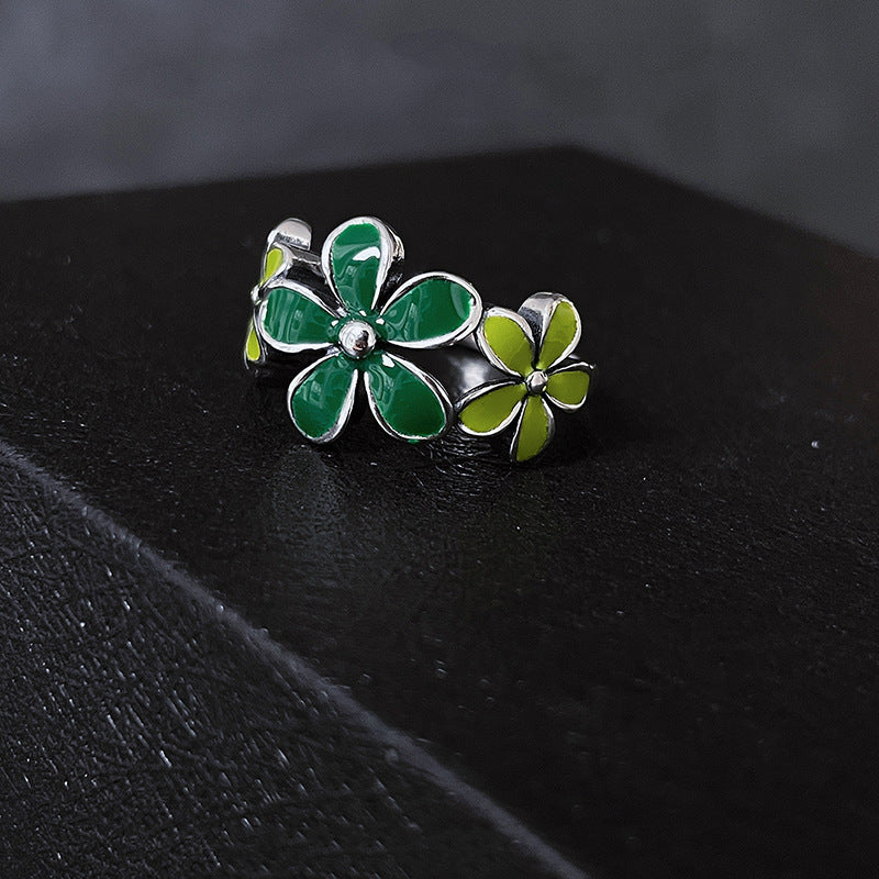 Enamel Green Flower Ring Adjustable Copper Jewelry Gift