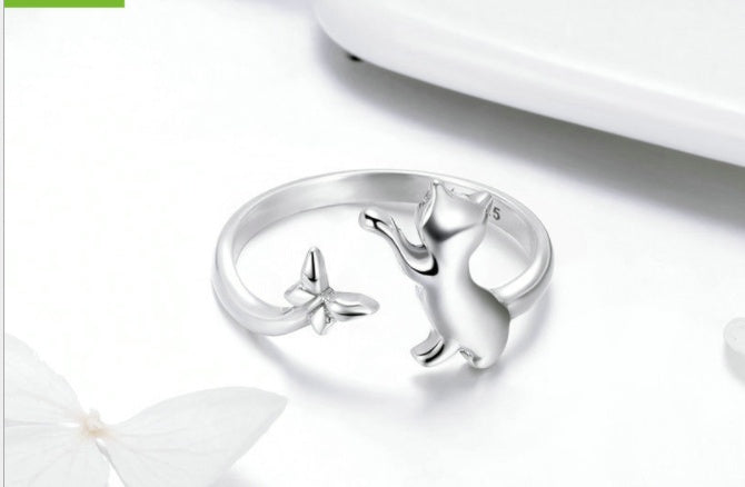 Sterling Silver Cute Cat Ring Set Geometric Fashion Ring For Women Men Korean Jewelry Electroplate Unisex Ring