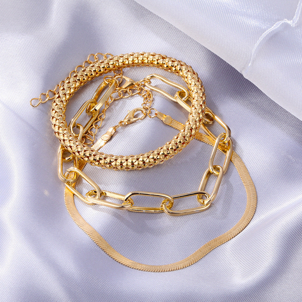 Womens Gold Plated Bracelet Set With Layered Snake Chain And Geometric Gem Accents Electroplated Finish Sparkle