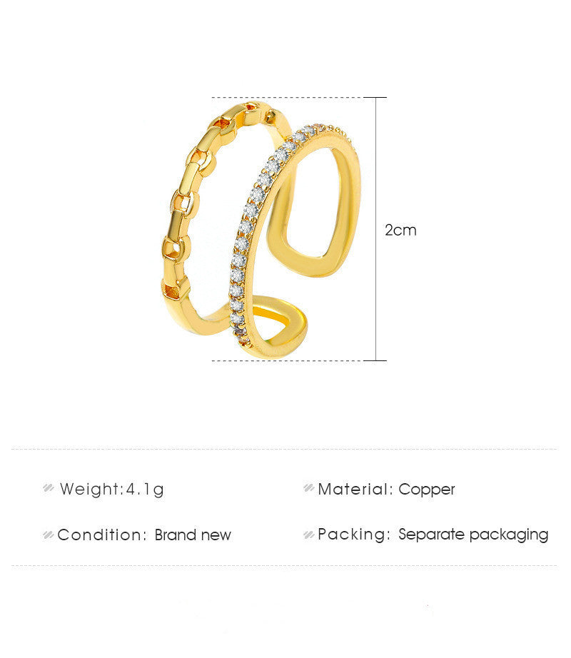 Geometric Hollow Ring Double Row Zircon Copper Band Ring for Women and Girls Everyday Wear Jewelry Gift Always